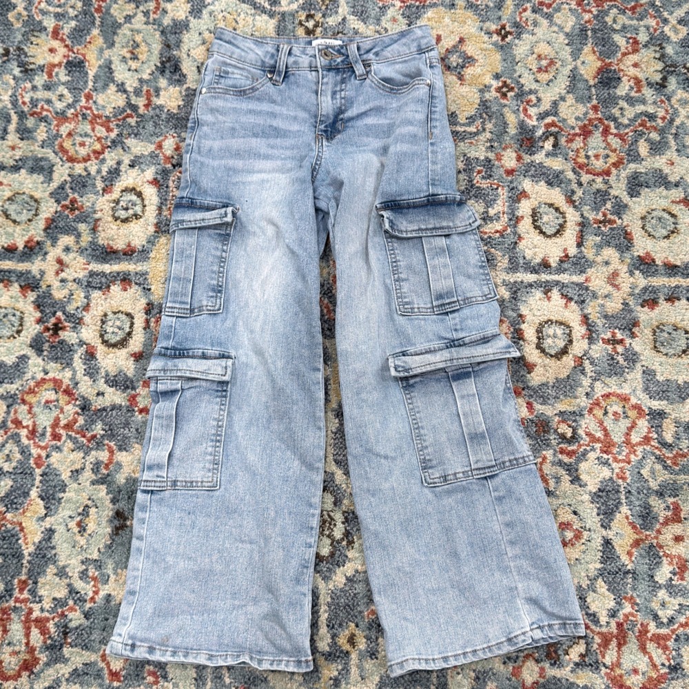 YMI Cargo Jeans Girls Size 8 Light Wash Wide Leg Utility *Flawed